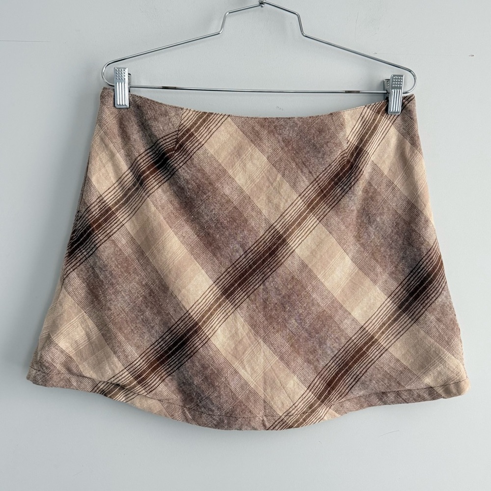UNIF WITZ SKIRT L Mini Wrap Linen Blend Brown Cream Plaid Academia Schoolgirl - Picture 6 of 14
